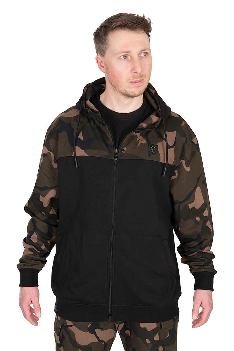 Sudadera Fox LW Negro y Camo con capucha y cremallera - Tienda Carpfishing