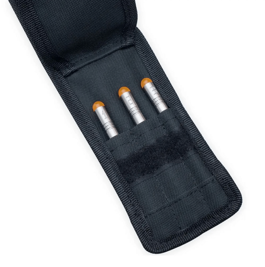 Inside view of ESP Wrap Sticks carrying case with three stainless steel distance markers.